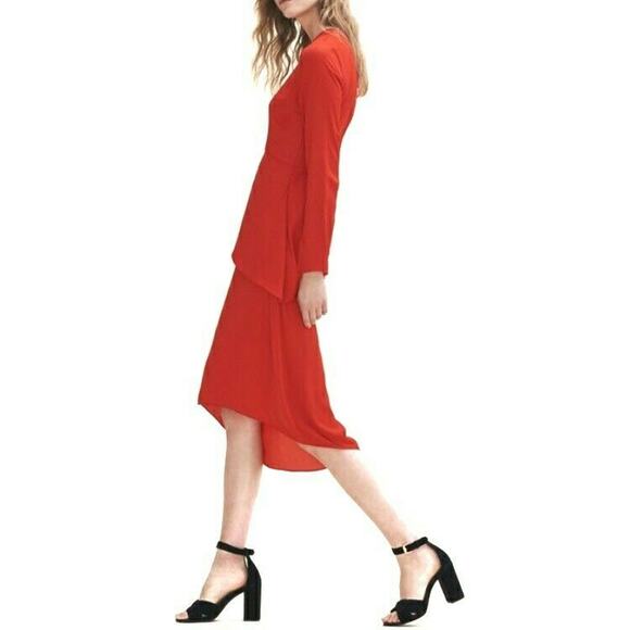 MAJE Remania satin tiered a-line long sleeve crewneck red career dress Sz 1 NEW - Picture 5 of 9